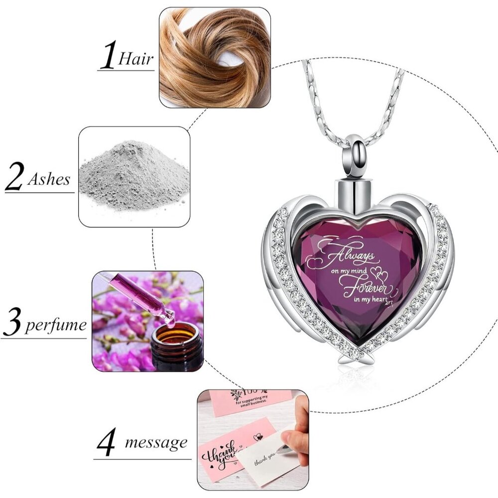 Cremation Jewelry for Ashes Pendant - Crystal Heart Urn Necklace with Mini Keeps - Picture 4 of 7